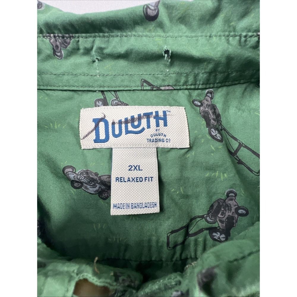 Duluth Trading Shirt Mens XXL 2XL Green Untucked Lawn Mower Print See All Pics - Picture 2 of 15
